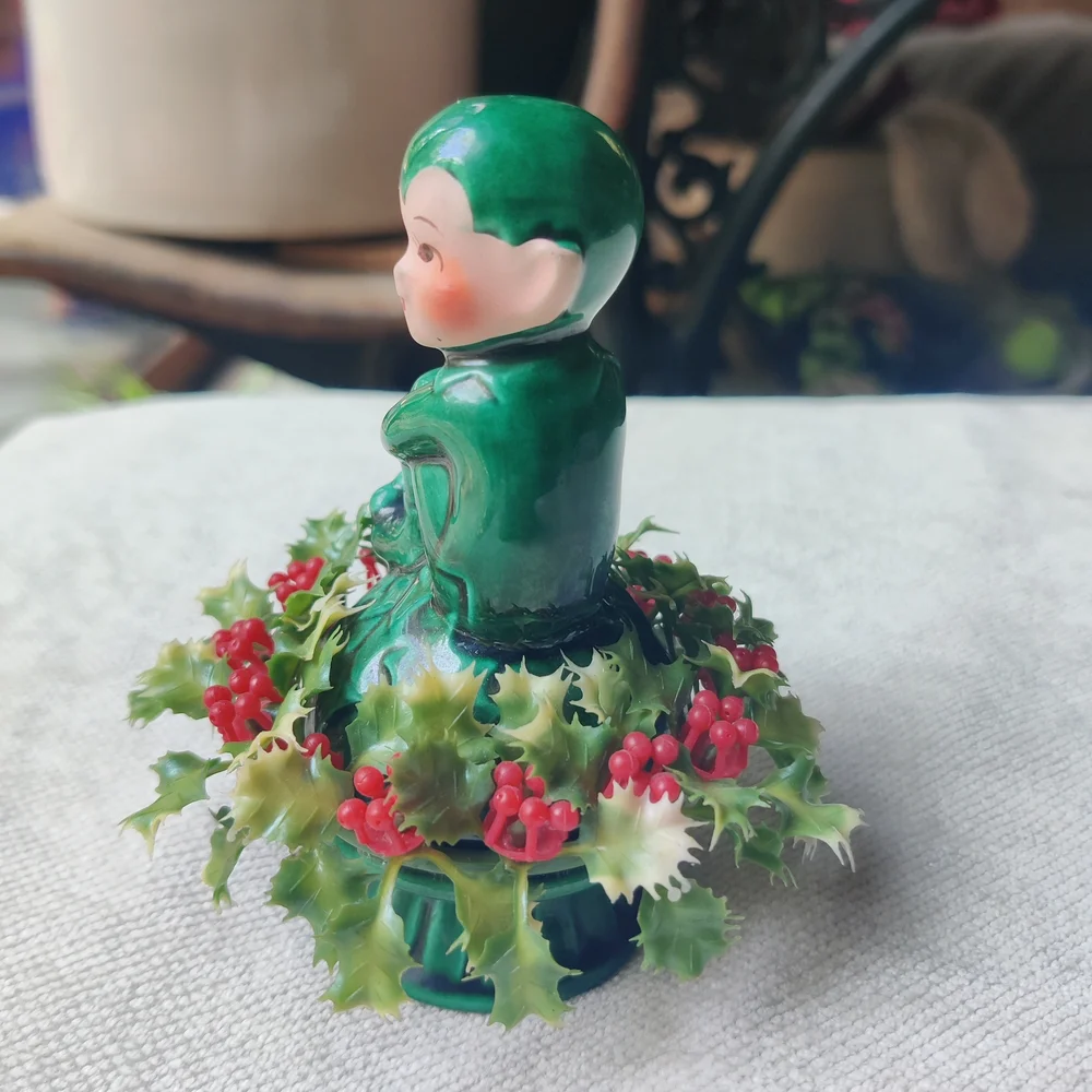Vintage Inarco Christmas Pixie Elf on Holly Berry Figurine 4.5